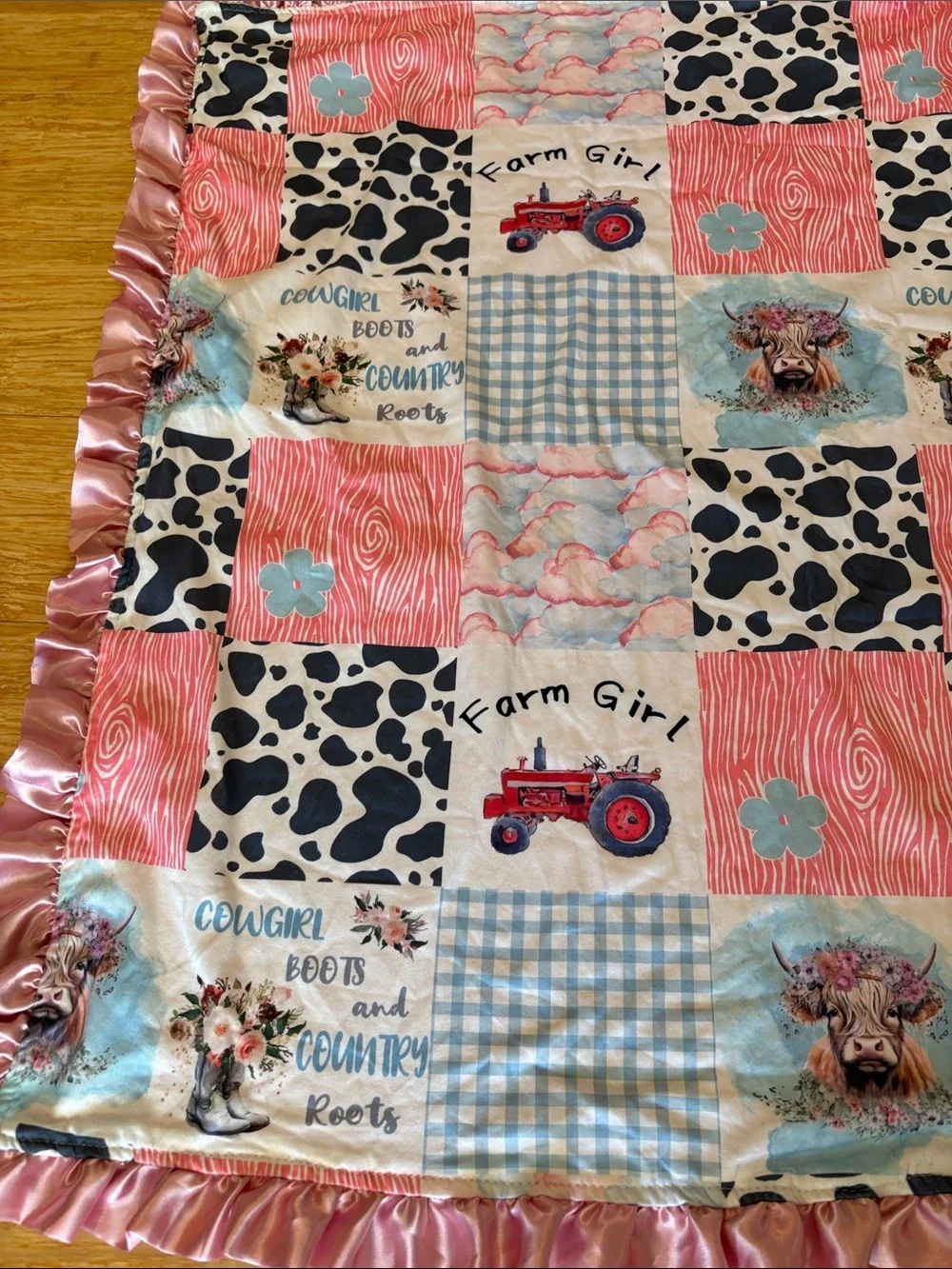 Boutique Western Cowgirl Farm Girl Minky Faux Quilt Baby Blanket - 32x32 rodeo